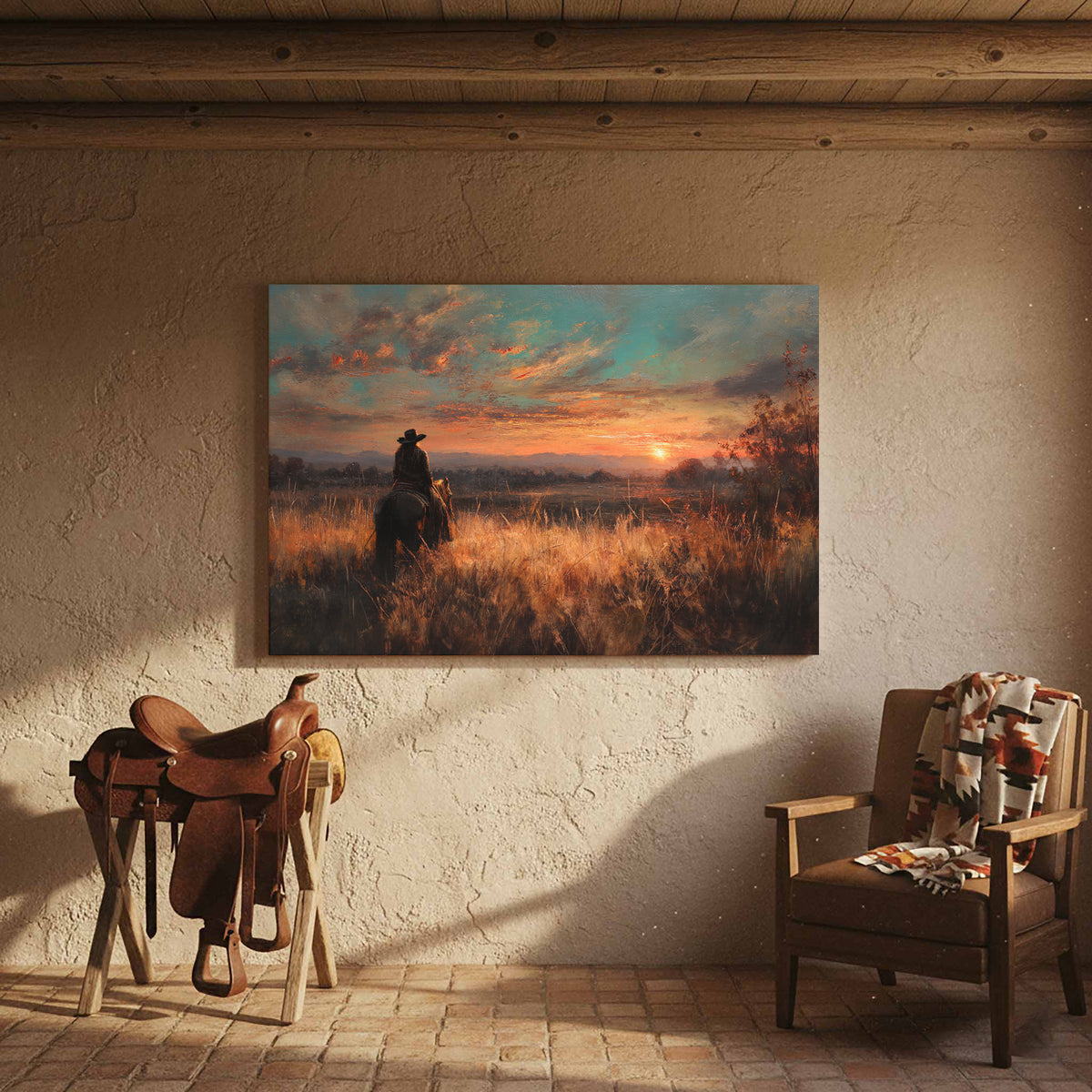 Western Cowboy Sunset Canvas Wall Art – styled room view 7