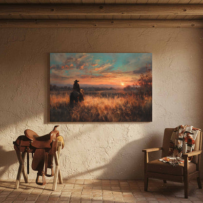 Western Cowboy Sunset Canvas Wall Art – styled room view 7