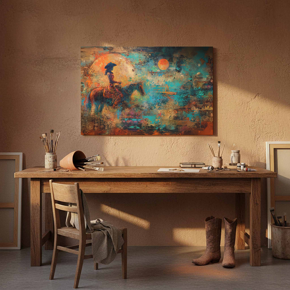 Western Cowgirl Witch Abstract Canvas Art – styled room view 7