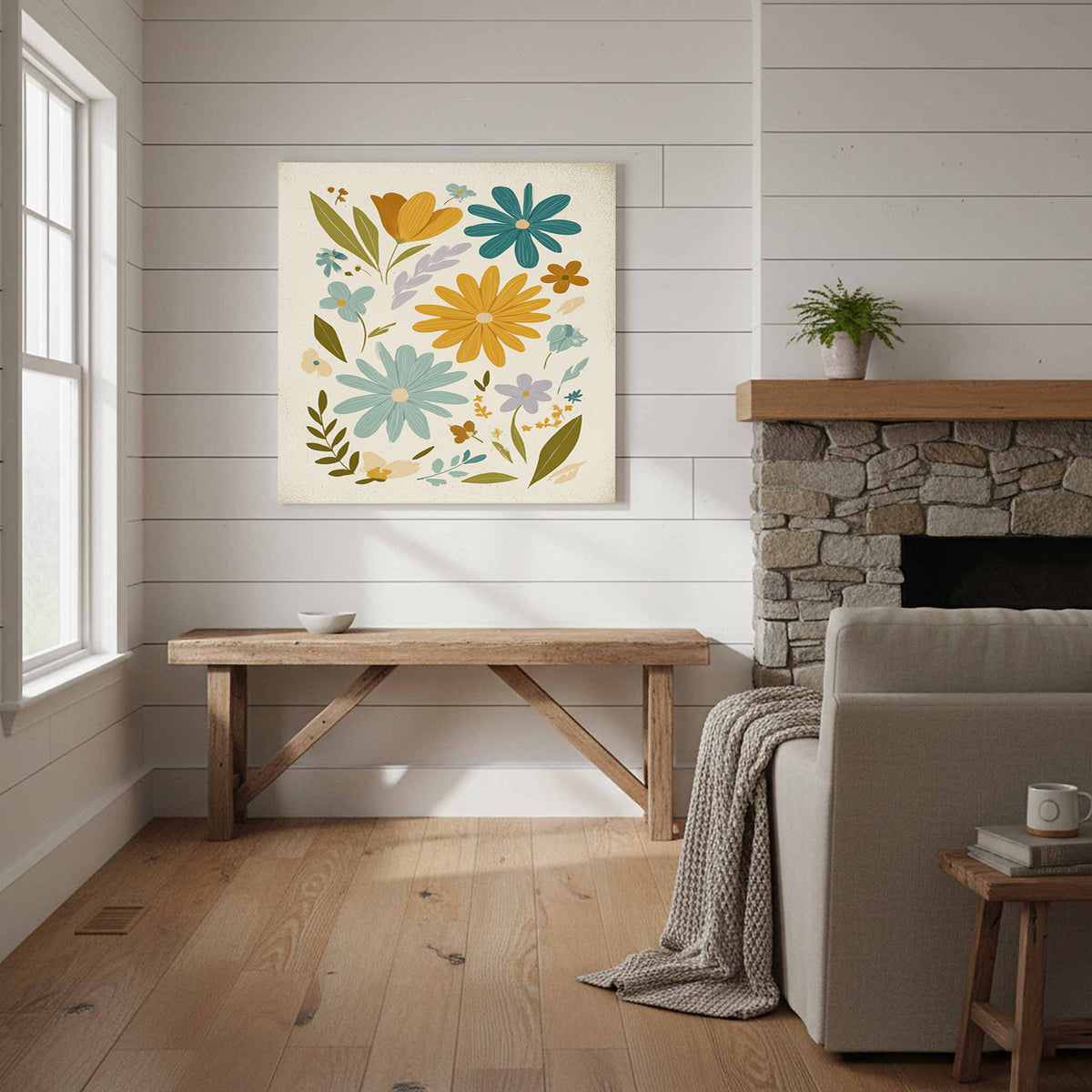 Mid-Century Modern Floral Wall Art – styled room view 10