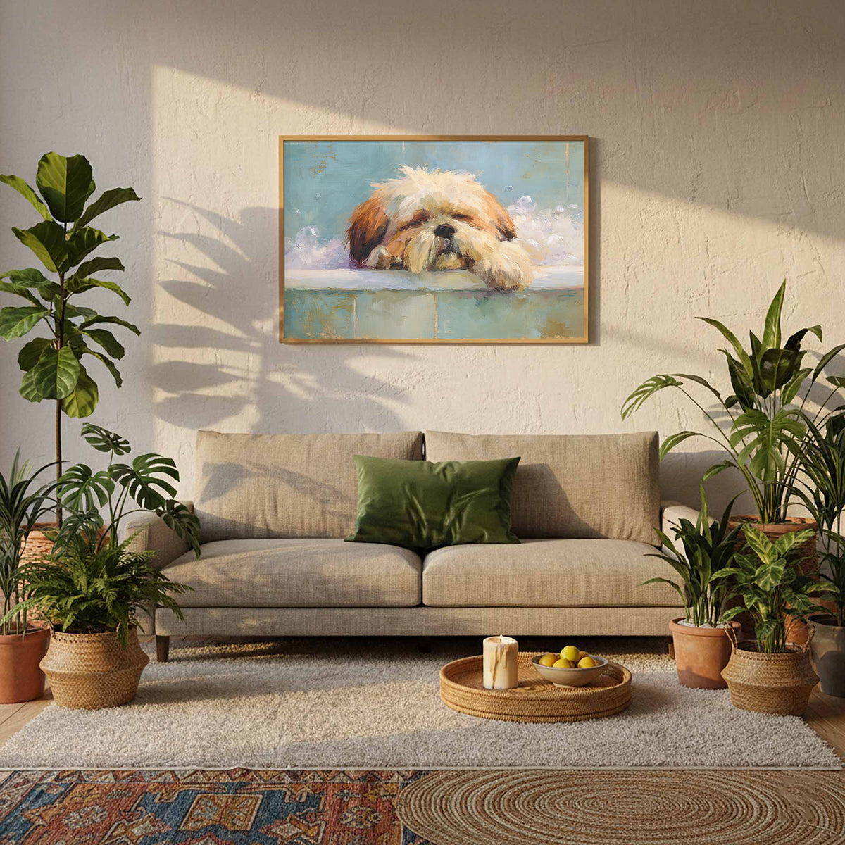 Relaxing Shih Tzu Bath Wall Art – styled room view 11