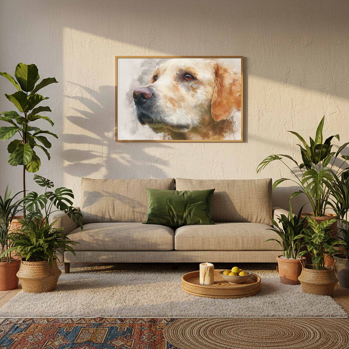 Golden Retriever Portrait Canvas Art – styled room view 11
