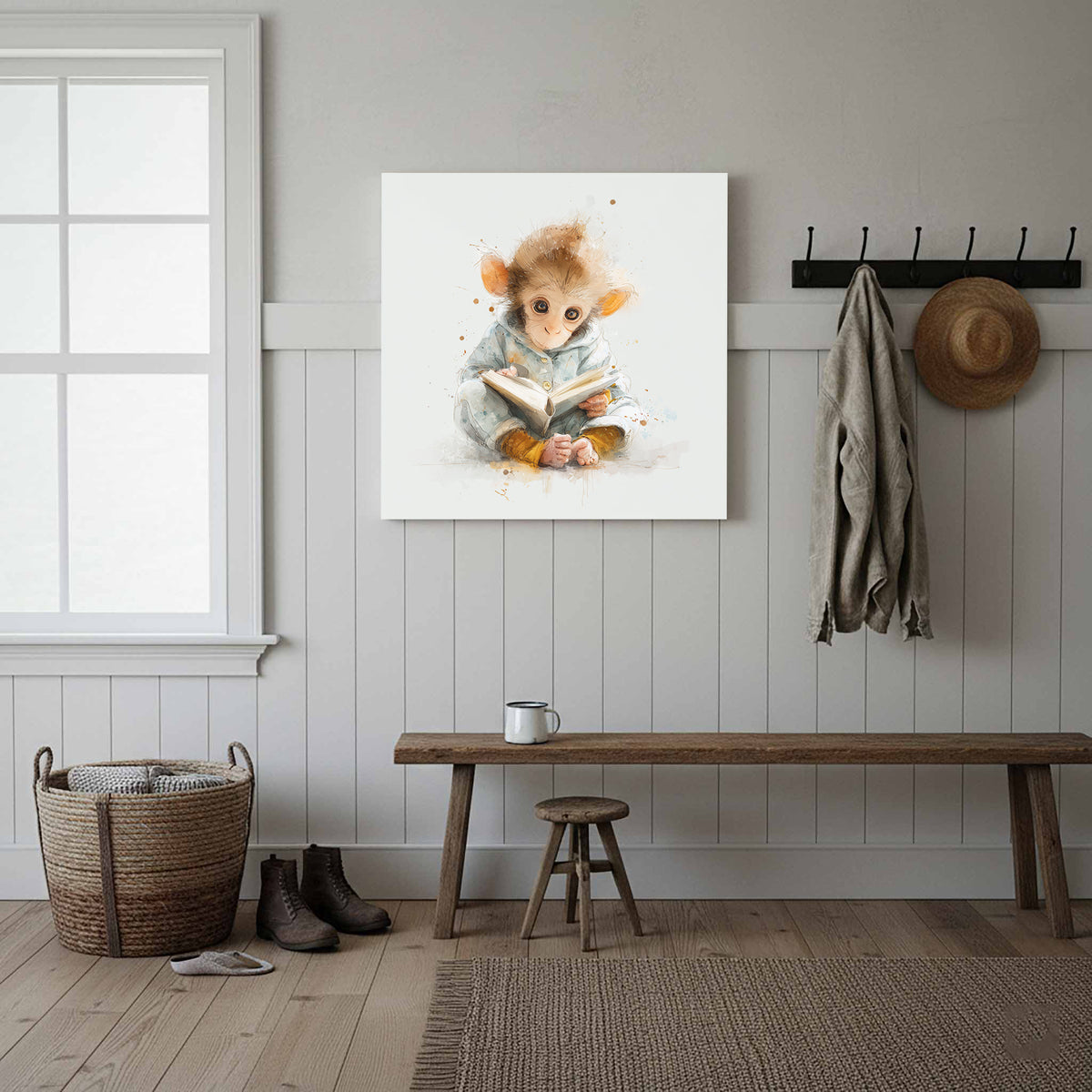 Baby Monkey Reading Wall Art – styled room view 11