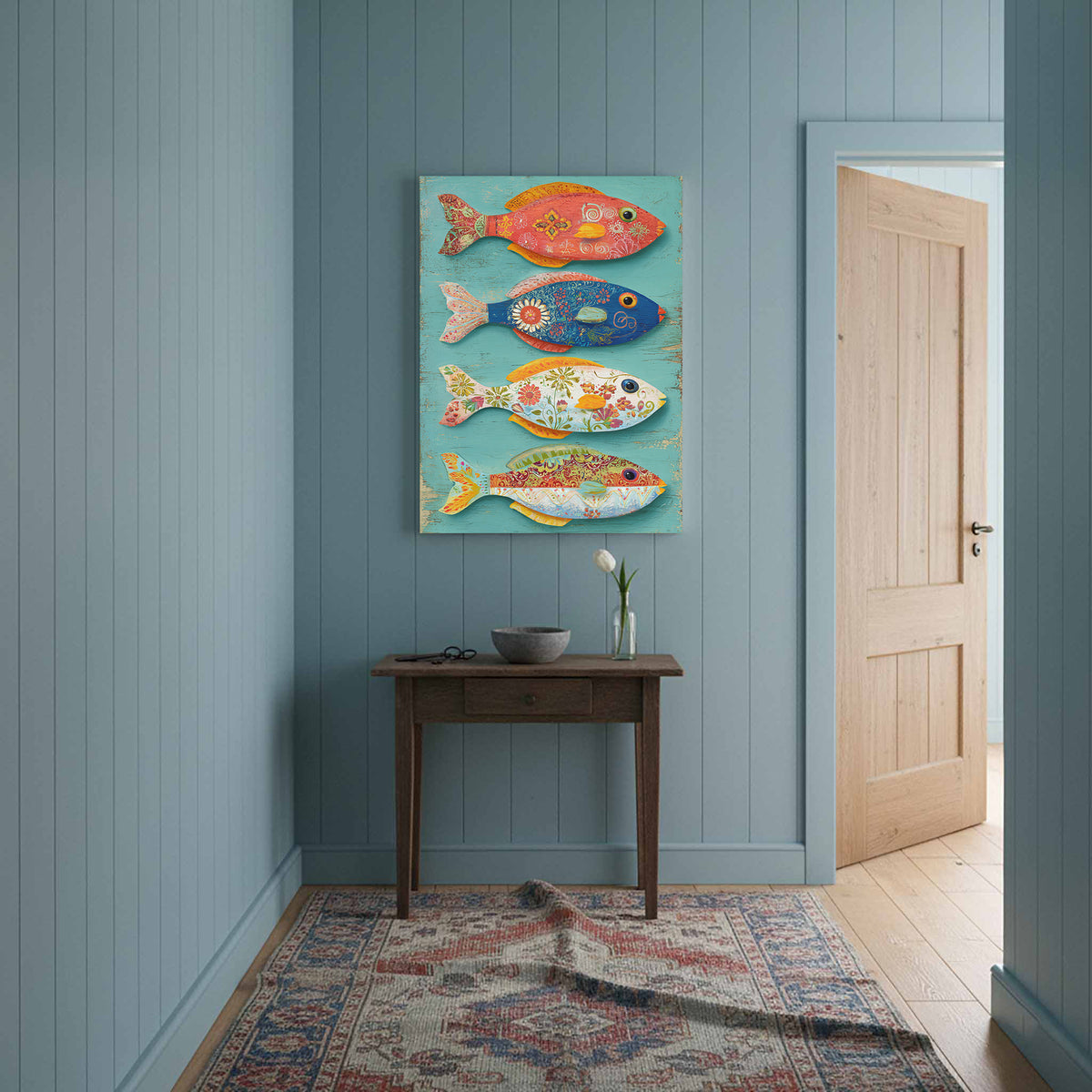 Colorful Folk Art Fish Wall Print – styled room view 14