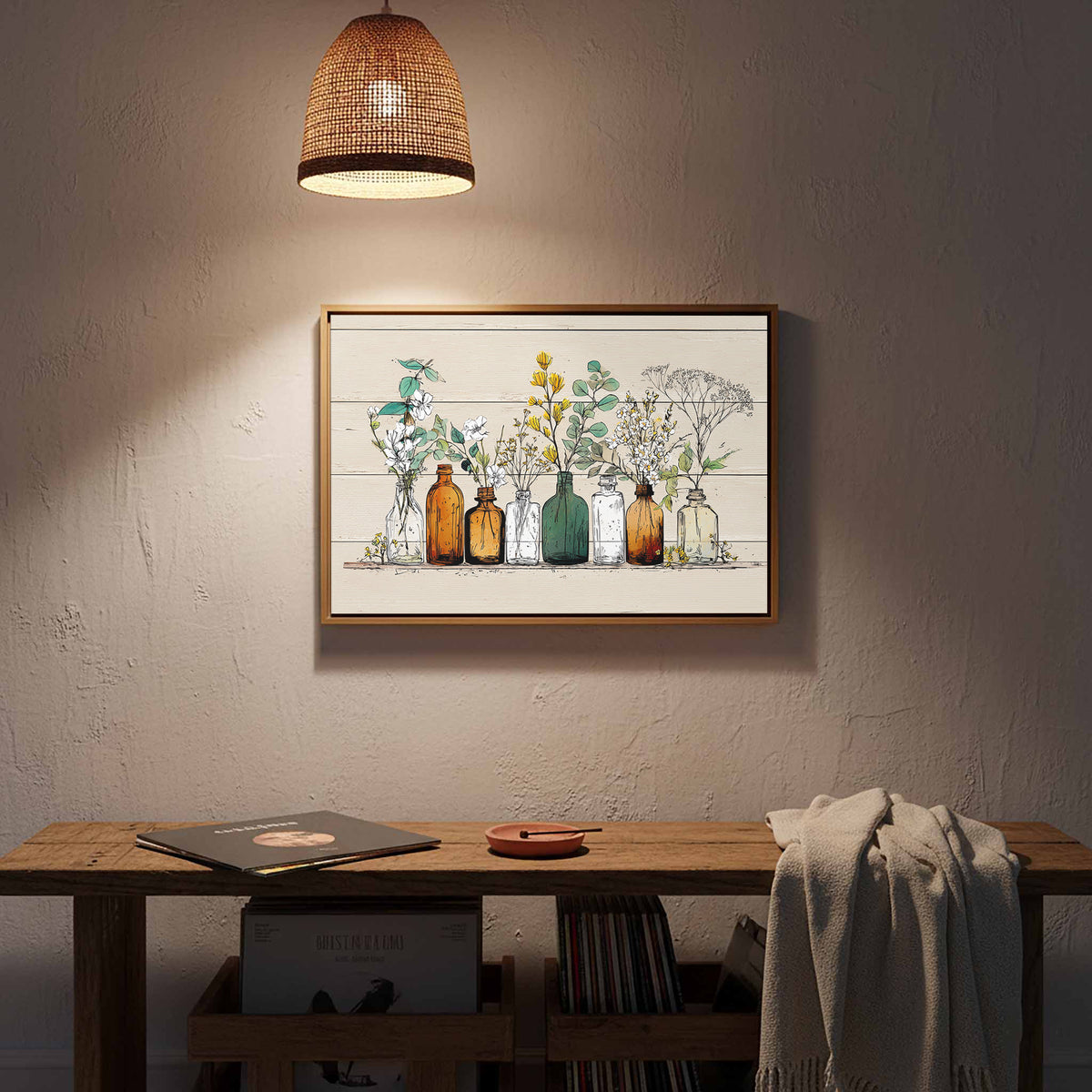 Botanical Glass Bottles Wall Art – styled room view 13