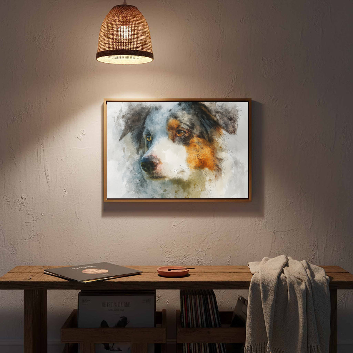 Australian Shepherd Portrait Wall Art – styled room view 13