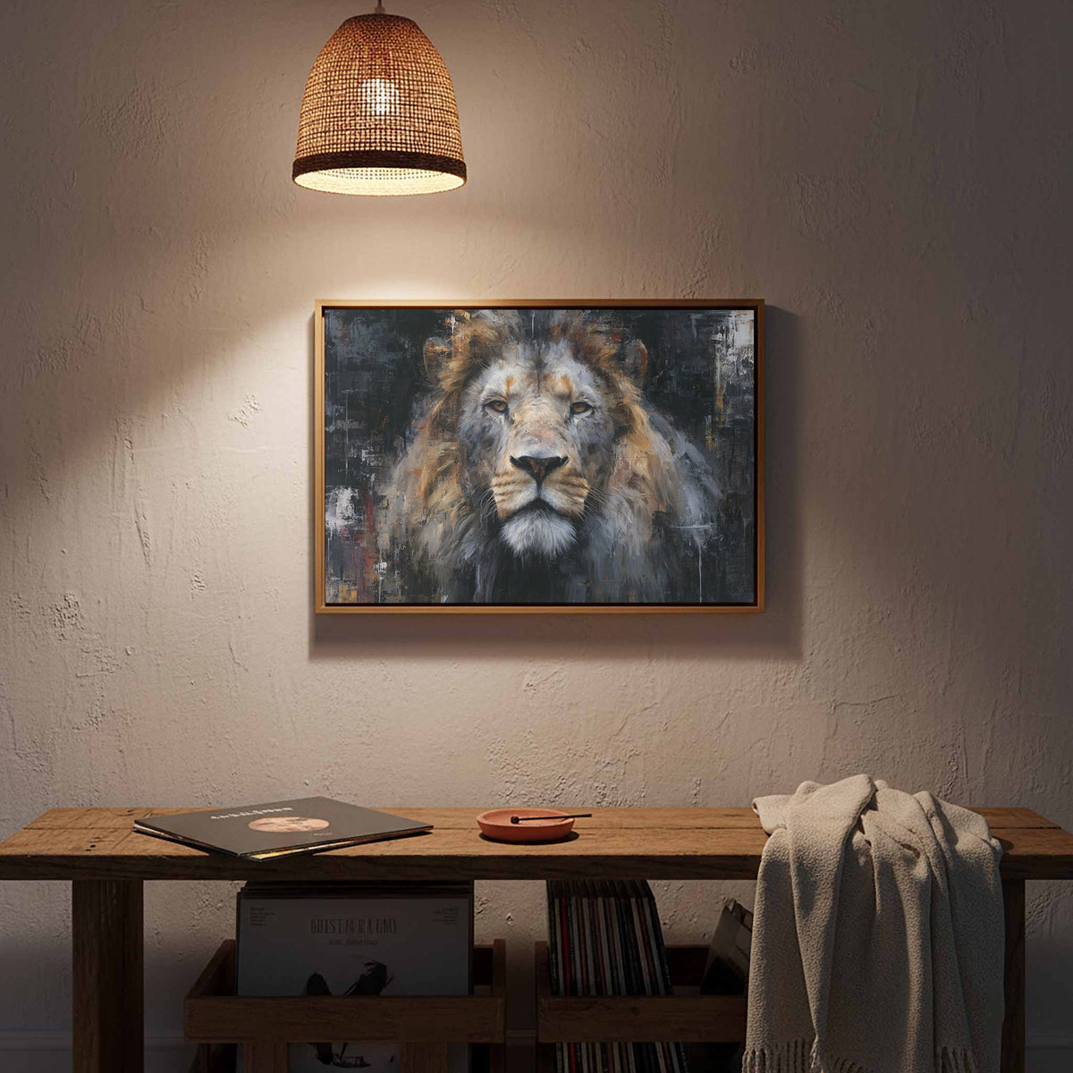 Modern Lion Portrait Canvas Wall Art – styled room view 14