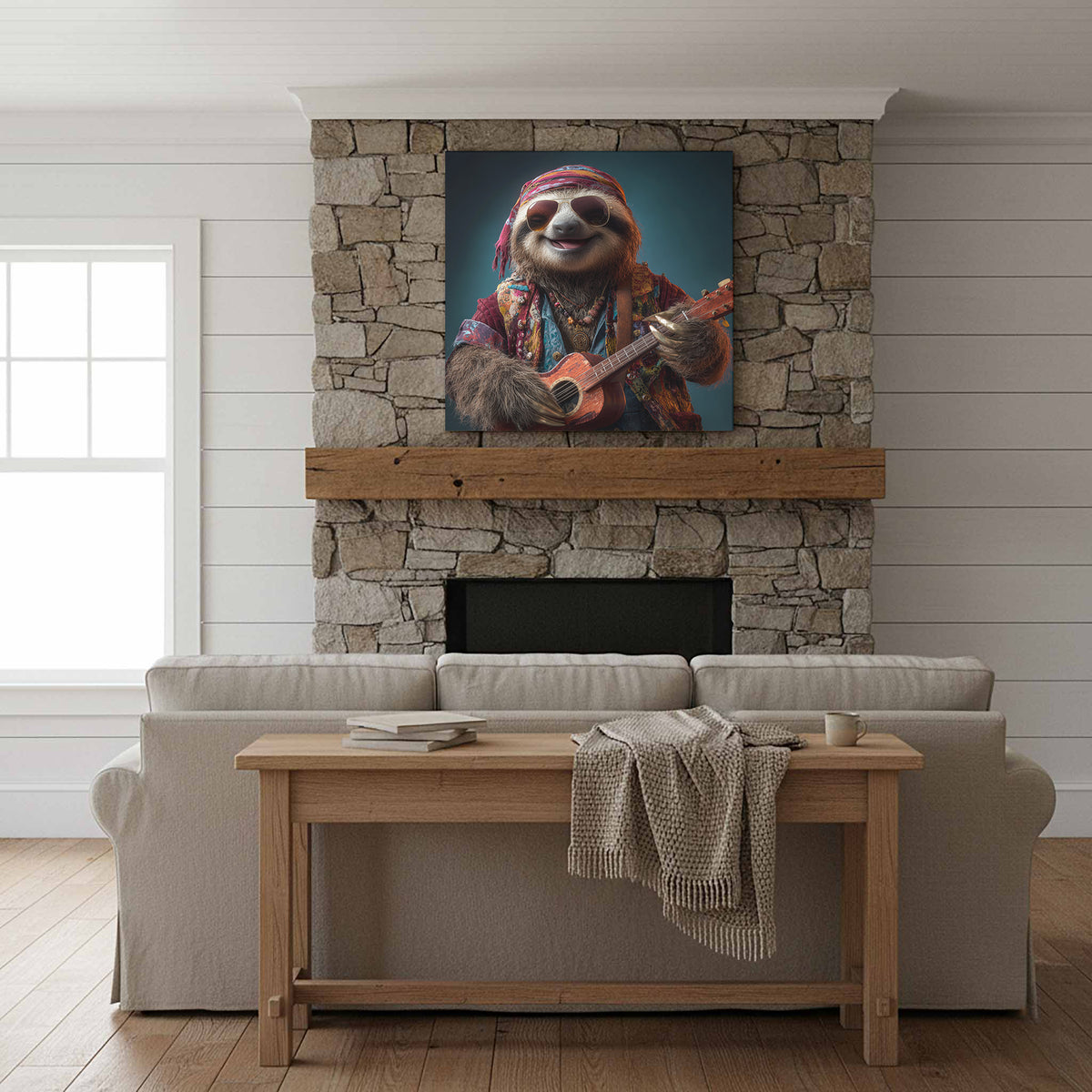 Hippie Sloth Guitar Canvas Art – styled room view 12
