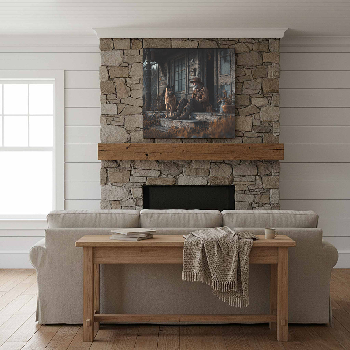 Old Man and Dog Porch Canvas Print – styled room view 13