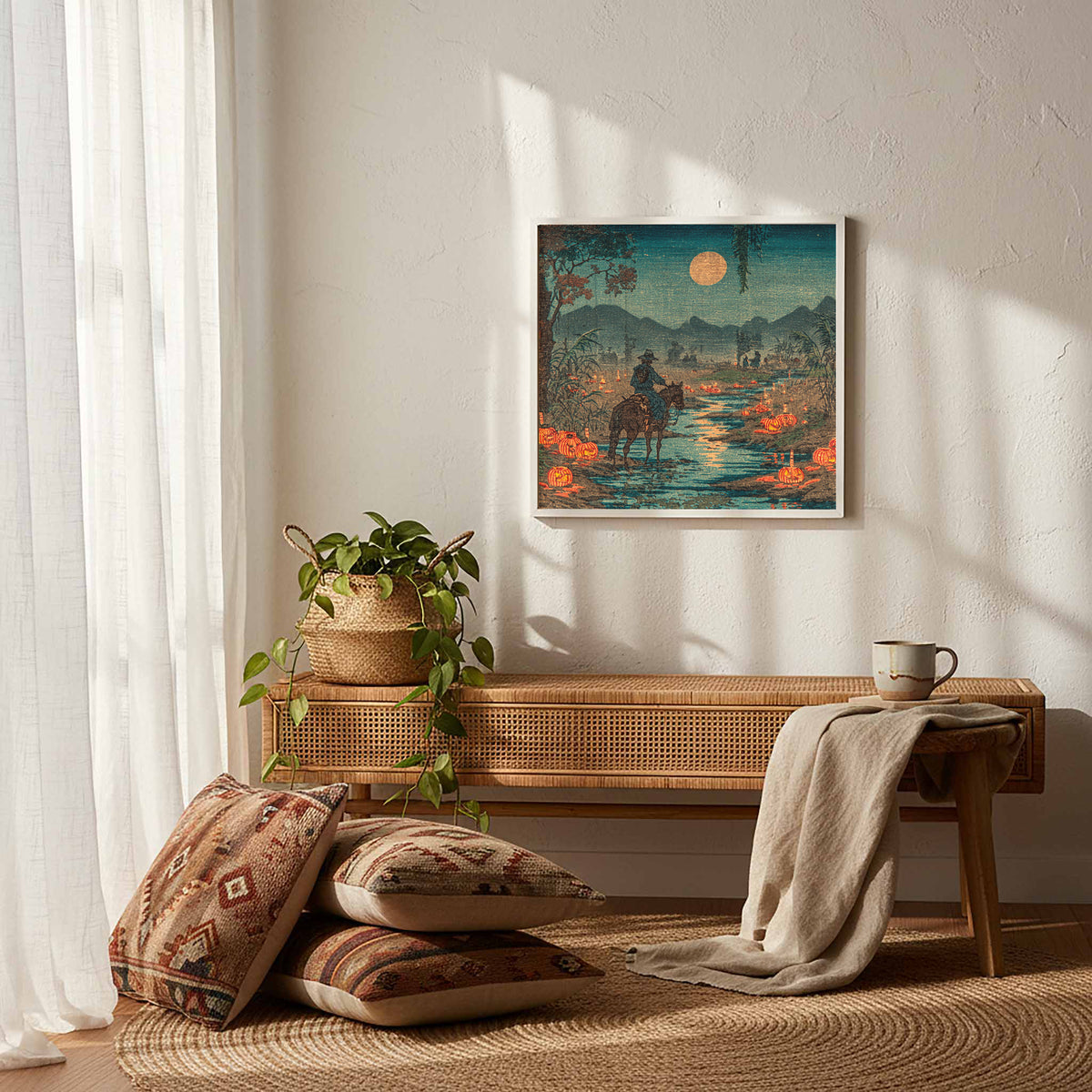 Cowboy Horse River Crossing Japanese Woodblock Print Wall Art – styled room view 13