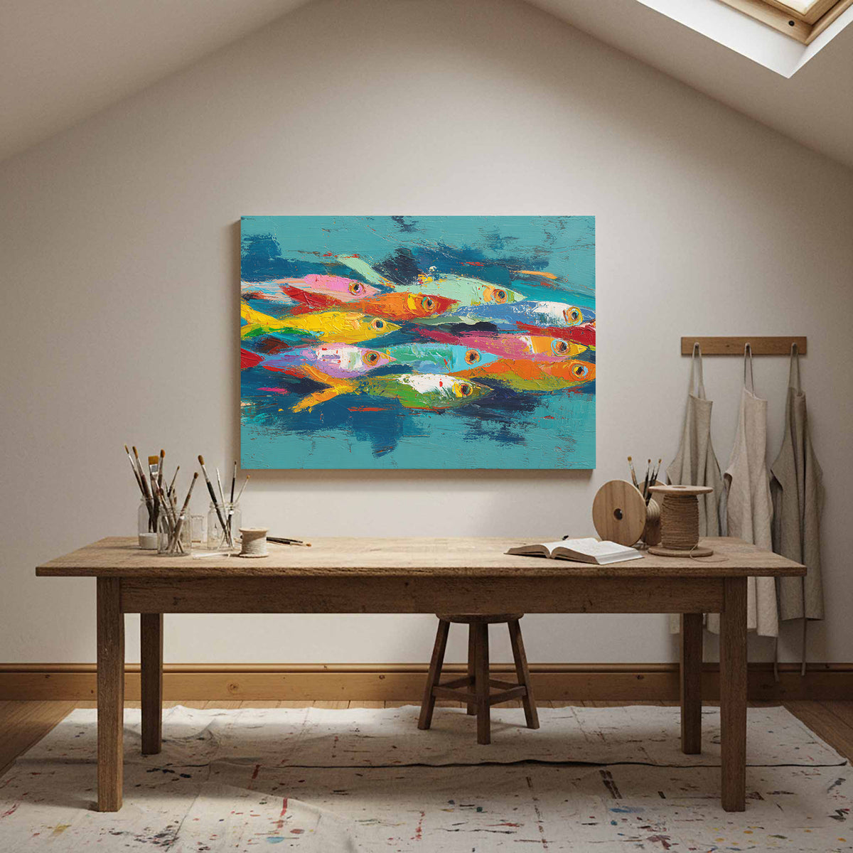 Abstract Fish School Canvas Art – styled room view 14