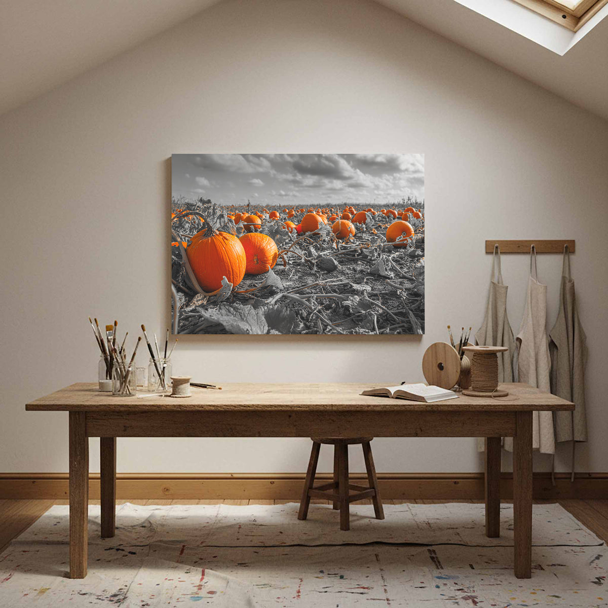 Orange Pumpkin Field Canvas Wall Art – styled room view 13