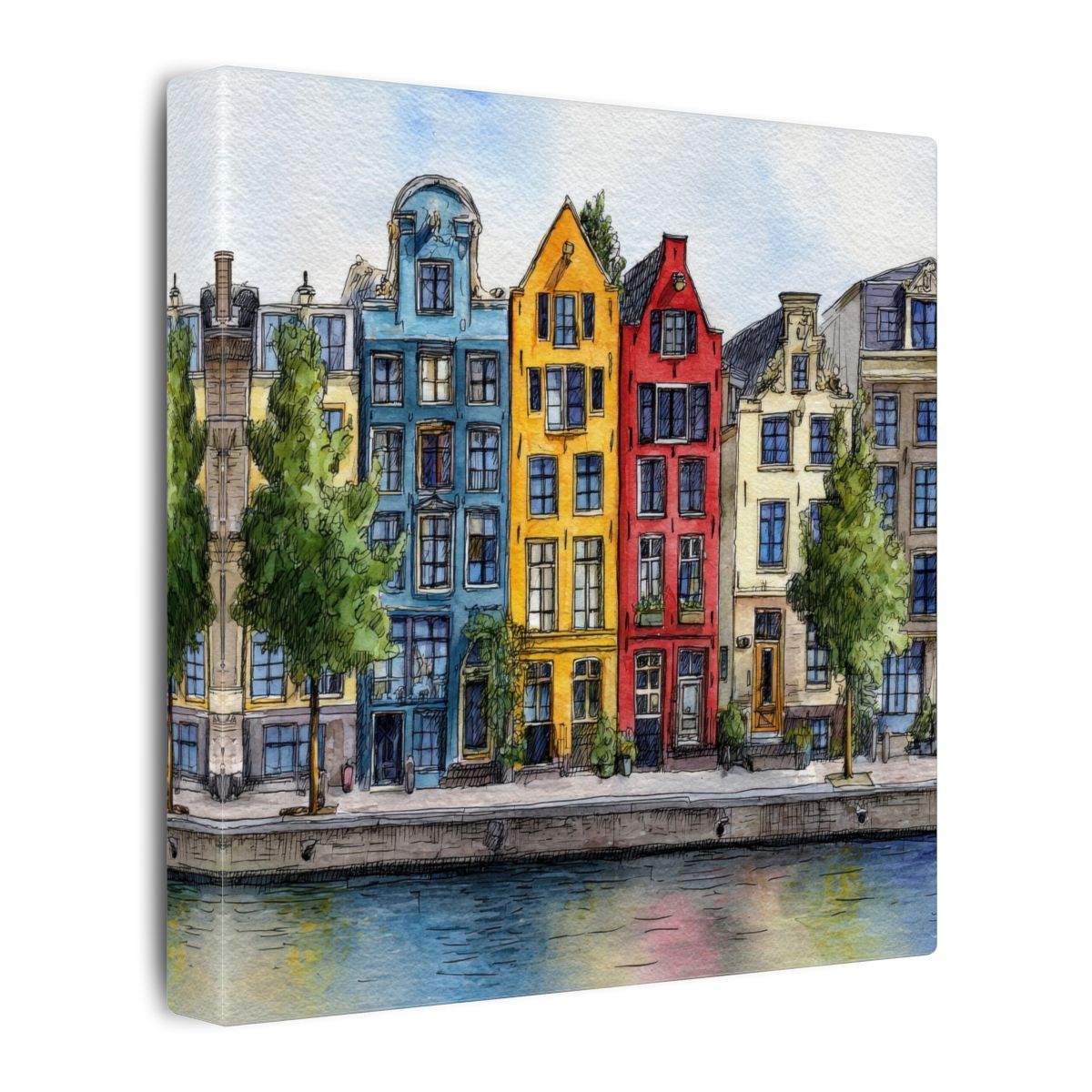 Amsterdam Canal Houses Watercolor Print – gallery wrapped canvas, side view