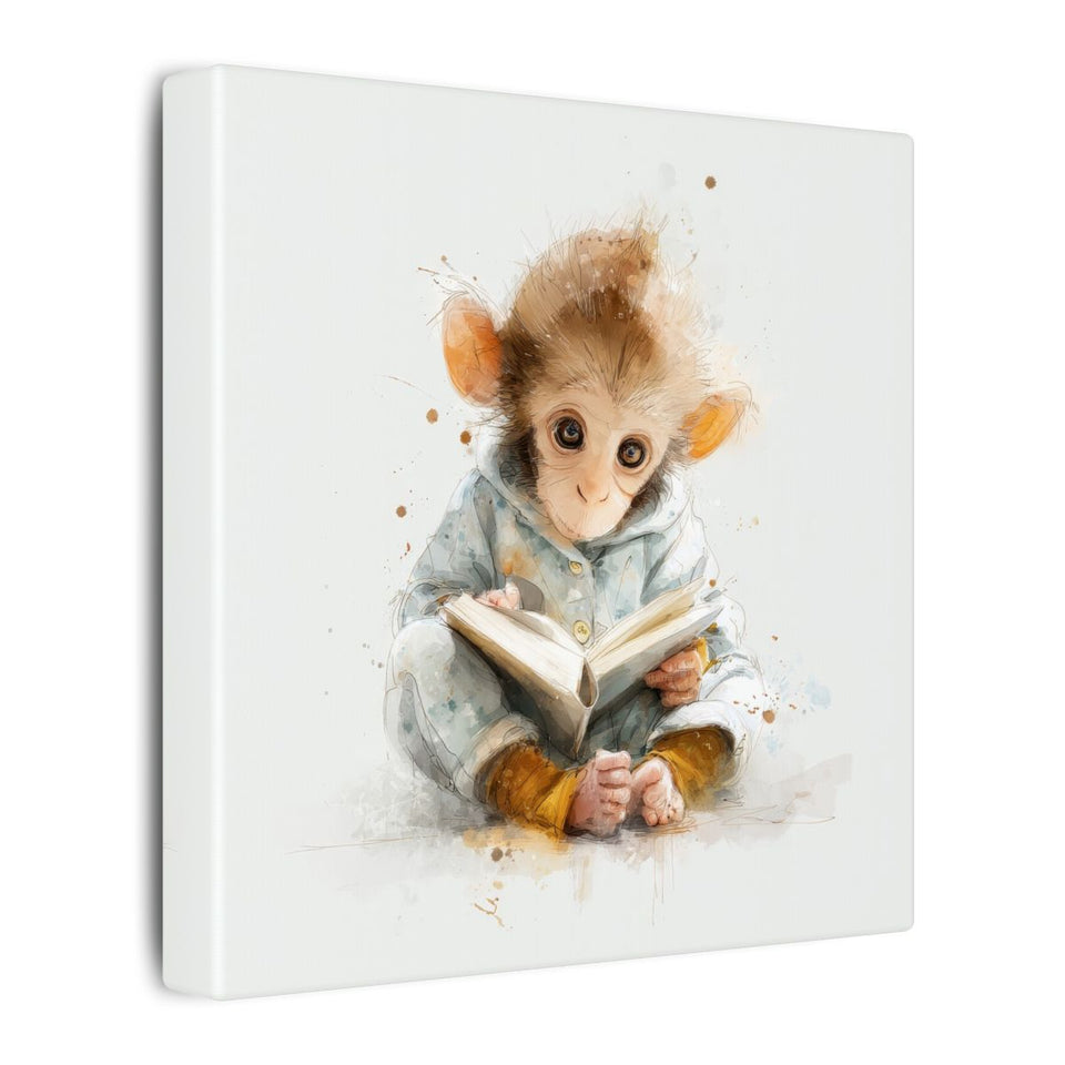 Baby Monkey Reading Wall Art – gallery wrapped canvas, side view
