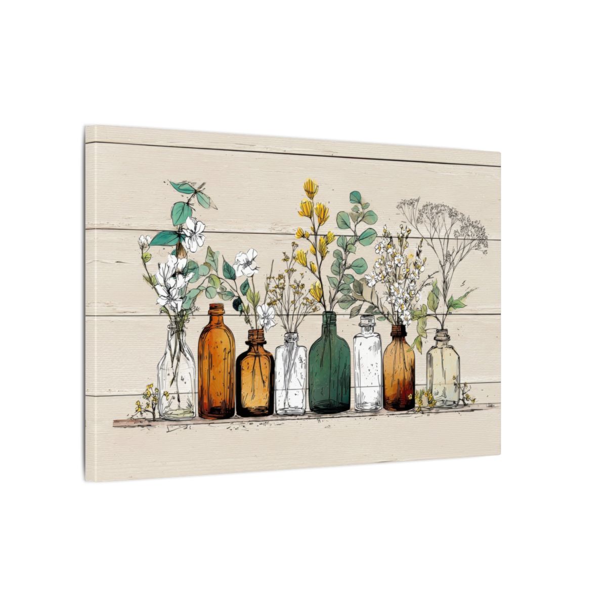 Botanical Glass Bottles Wall Art – gallery wrapped canvas, side view