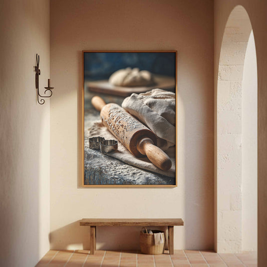 Rustic Kitchen Baking Canvas Art – canvas print shown framed in a styled room