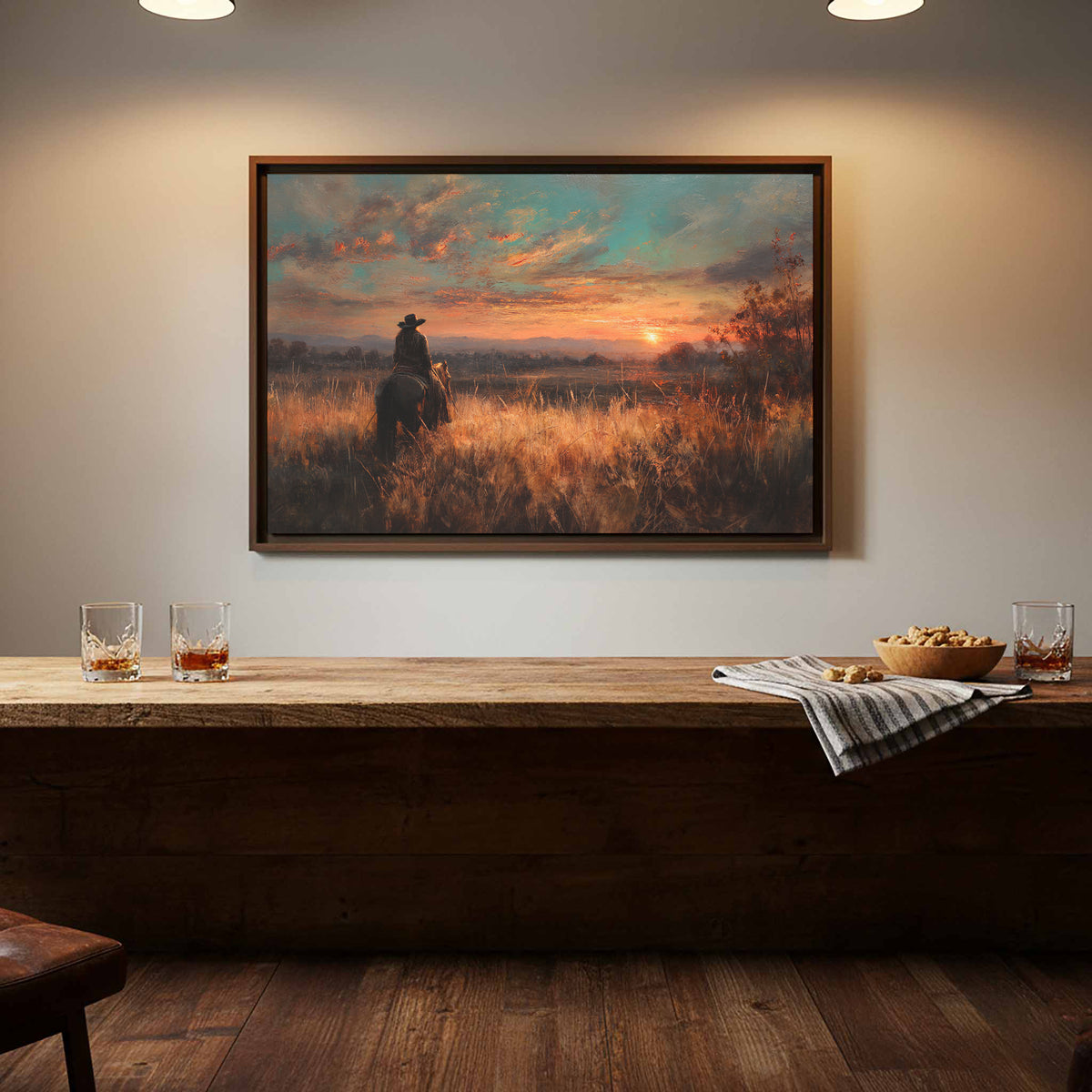 Western Cowboy Sunset Canvas Wall Art – canvas print shown framed in a styled room