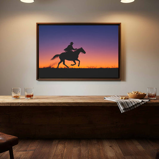 Western Horse Rider Silhouette Canvas Print – canvas print shown framed in a styled room