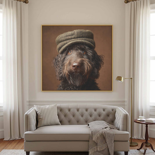 Labradoodle Dog Portrait Canvas Print – canvas print shown framed in a styled room