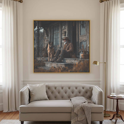 Old Man and Dog Porch Canvas Print – canvas print shown framed in a styled room