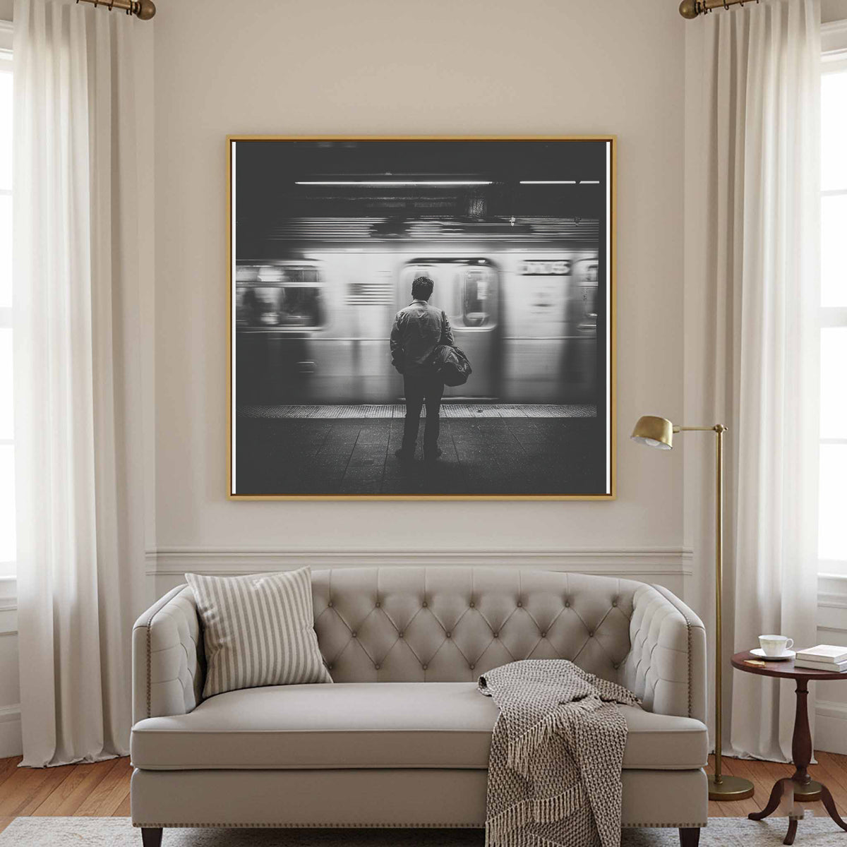 Black &amp; White NYC Subway Wall Art – canvas print shown framed in a styled room