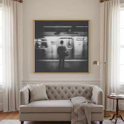 Black &amp; White NYC Subway Wall Art – canvas print shown framed in a styled room
