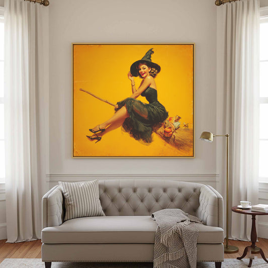 Retro Pin-Up Witch Canvas Art – canvas print shown framed in a styled room