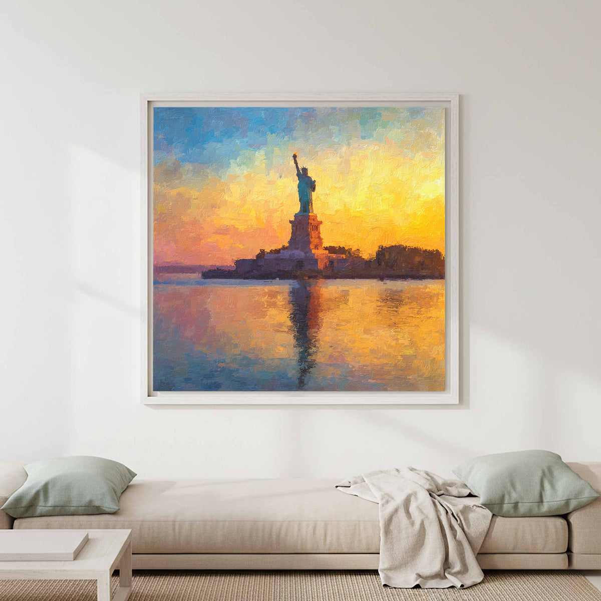 Statue of Liberty Sunrise Canvas Print – canvas print shown framed in a styled room
