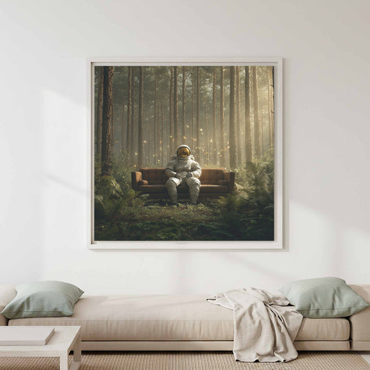 Surreal Astronaut Canvas Art – canvas print shown framed in a styled room