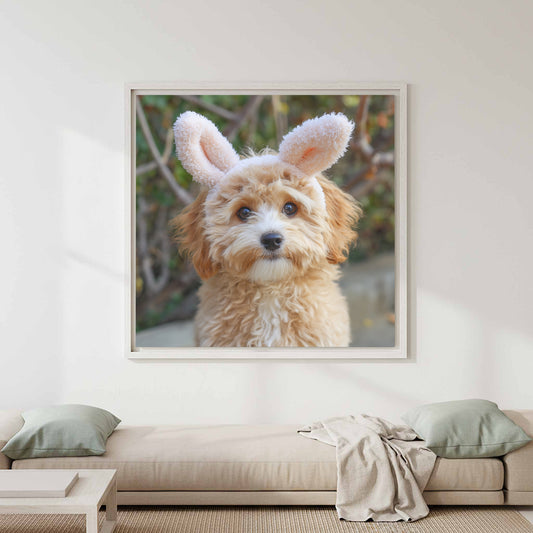 Maltipoo Bunny Ears Canvas Print – canvas print shown framed in a styled room