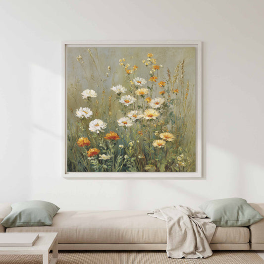 Vintage Wildflower Oil Painting Print – canvas print shown framed in a styled room
