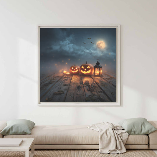 Halloween Jack-O-Lantern Canvas Art – canvas print shown framed in a styled room