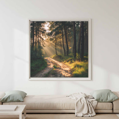 Forest Path Canvas Print – canvas print shown framed in a styled room