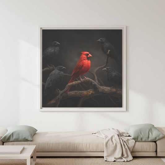 Red Cardinal Bird Wall Art – canvas print shown framed in a styled room