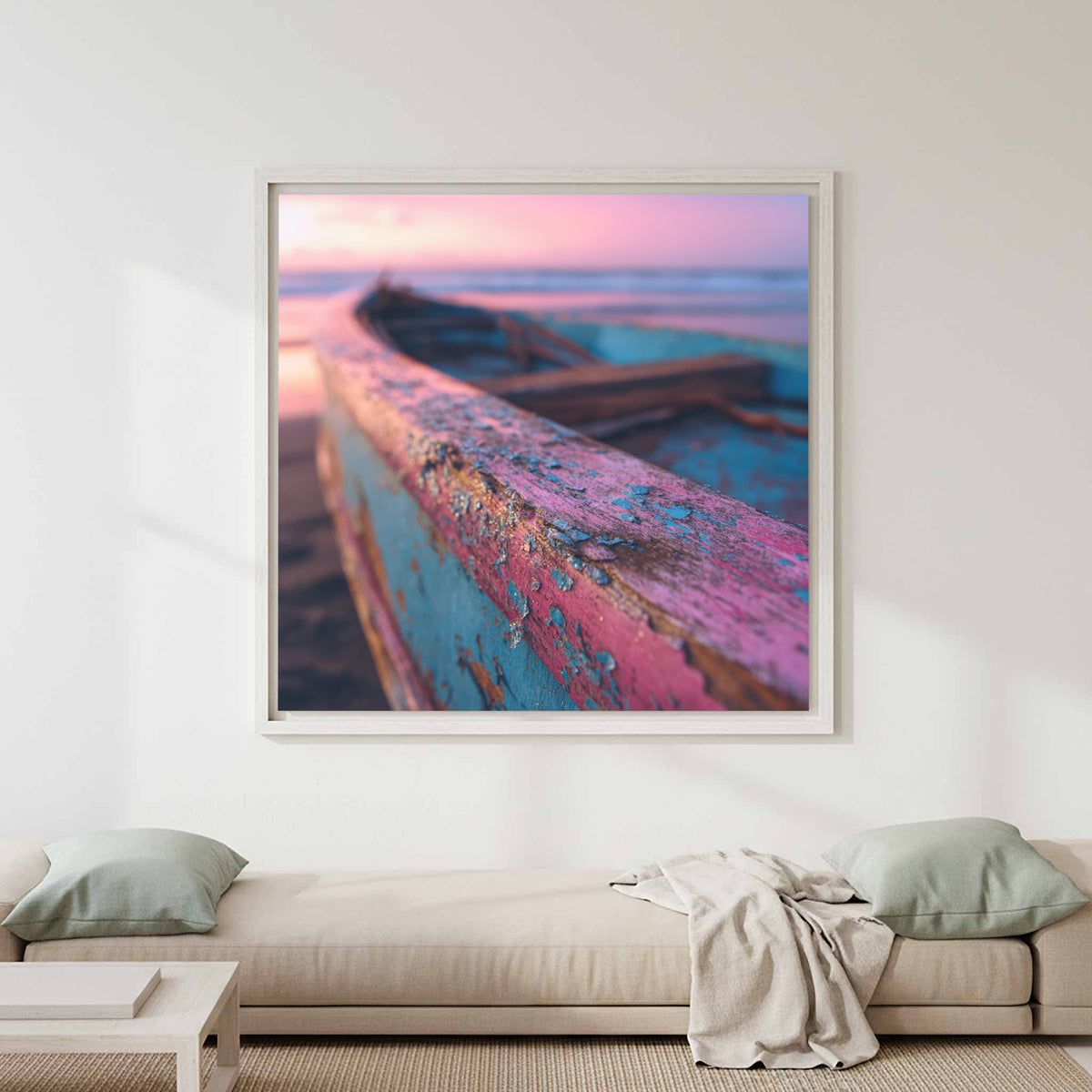 Vintage Surfboard Canvas Print – canvas print shown framed in a styled room