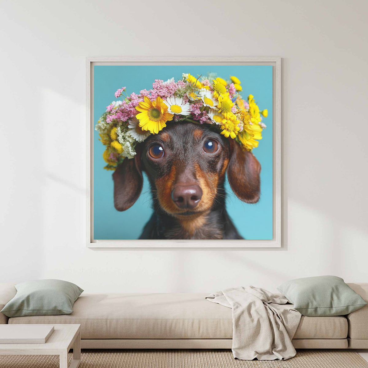 Dachshund Flower Crown Canvas Print – canvas print shown framed in a styled room