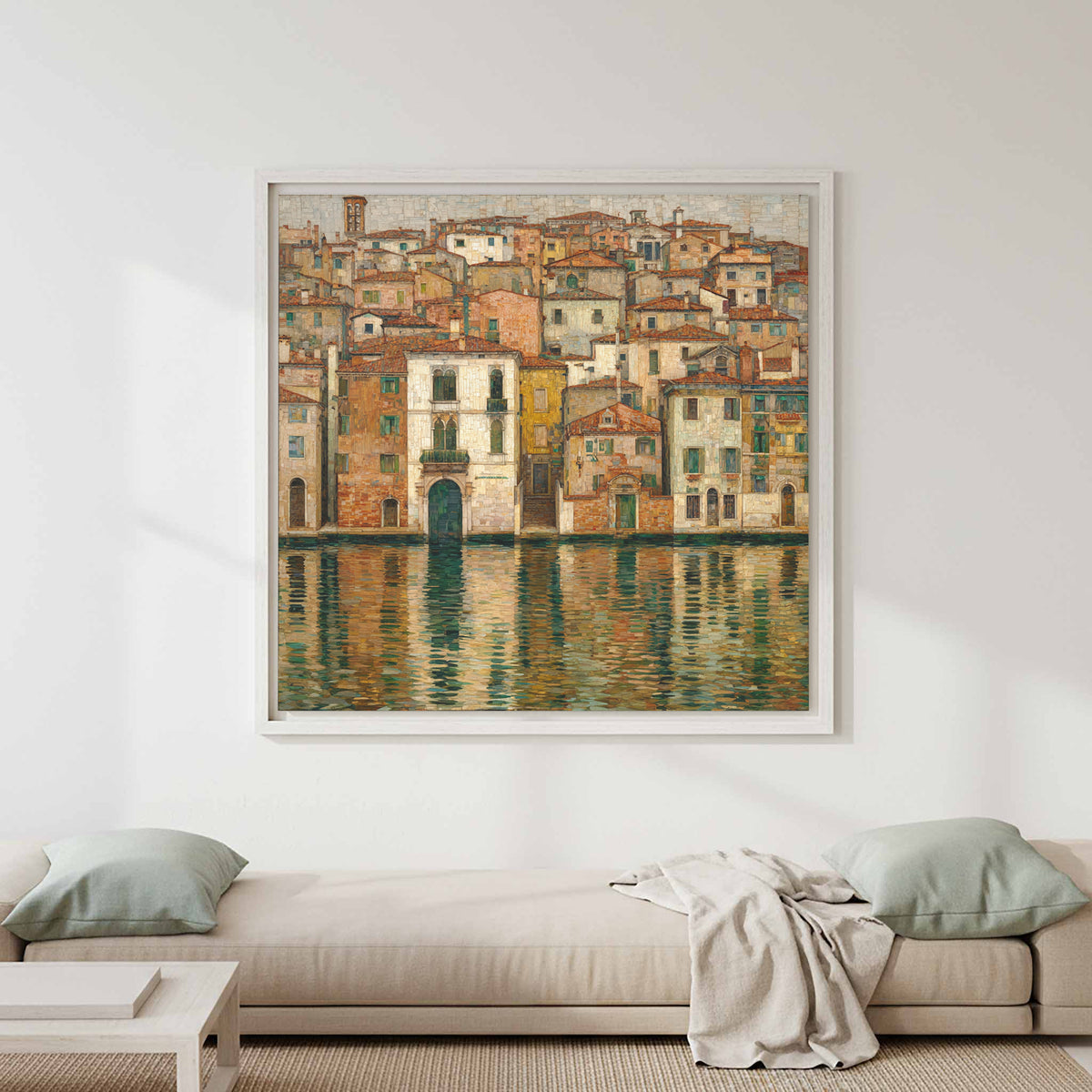 European Waterfront Canvas Print – canvas print shown framed in a styled room