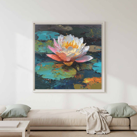 Water Lily Canvas Wall Art – canvas print shown framed in a styled room