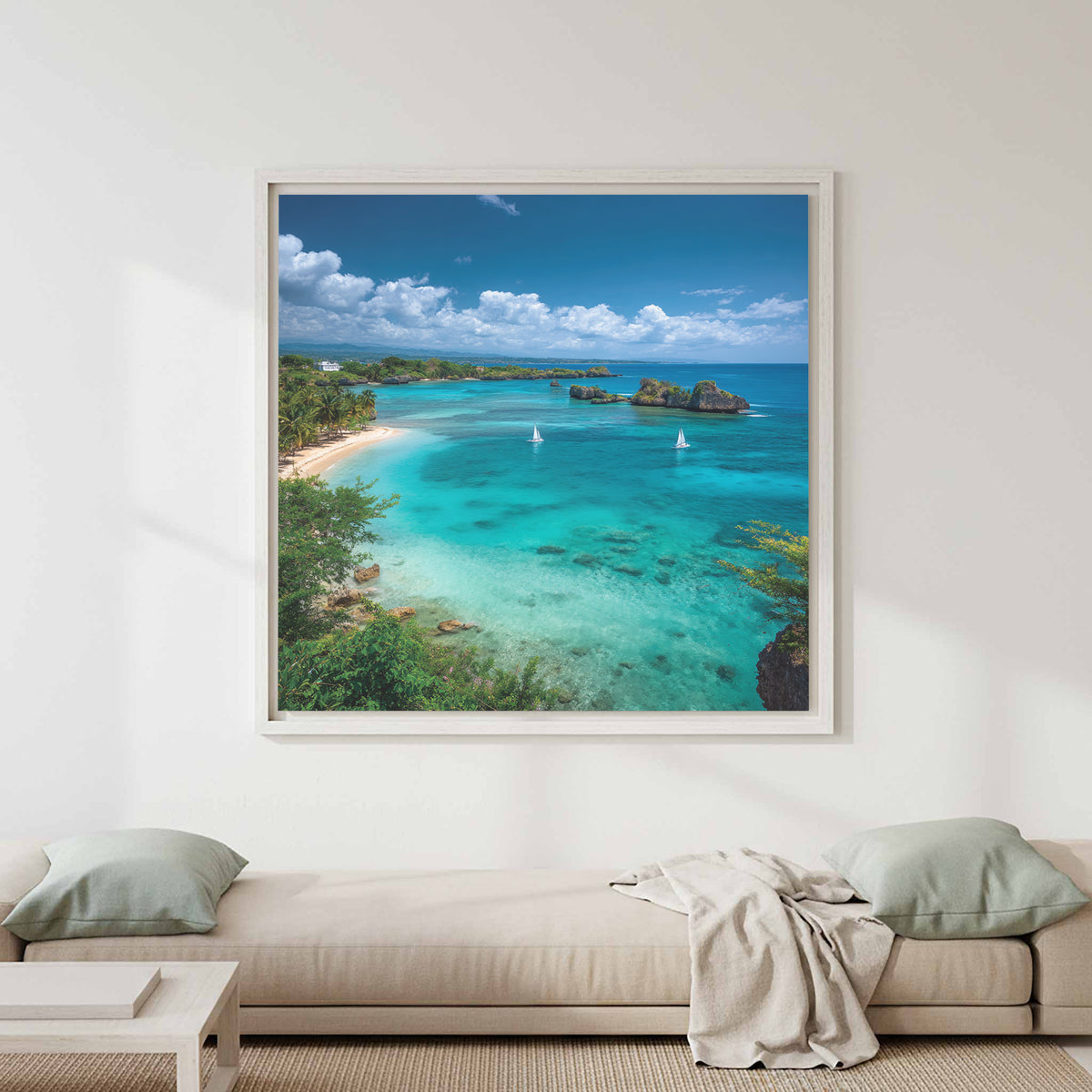 Tropical Beach Canvas Print – canvas print shown framed in a styled room