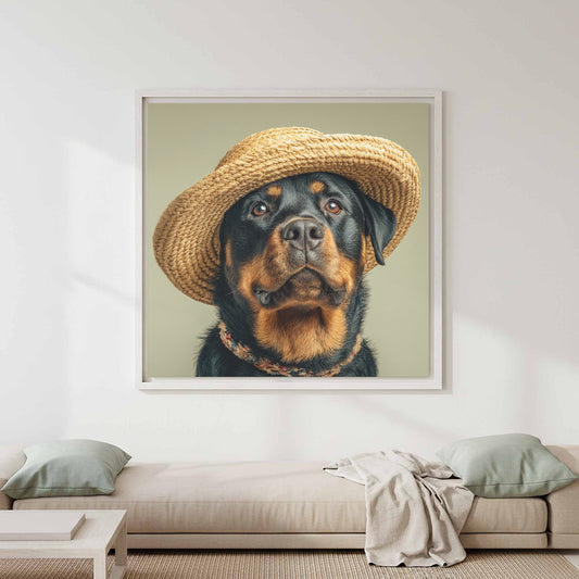 Rottweiler Dog Portrait Canvas Print – canvas print shown framed in a styled room