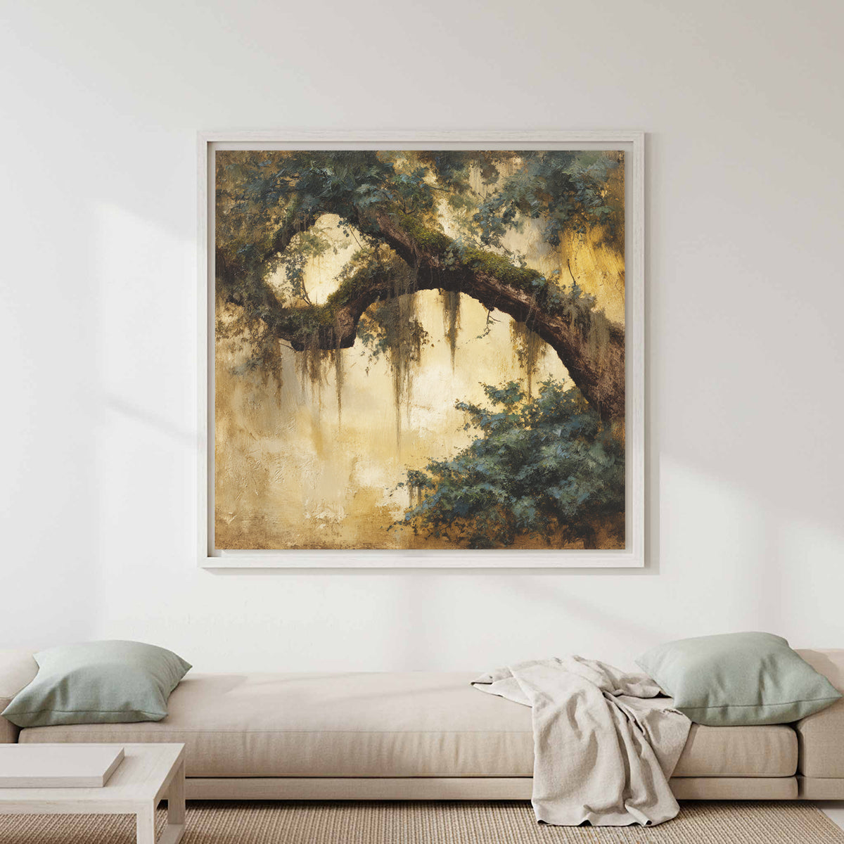 Ancient Oak Tree Canvas Wall Art – canvas print shown framed in a styled room