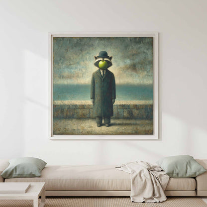 Surreal Raccoon Canvas Art – canvas print shown framed in a styled room
