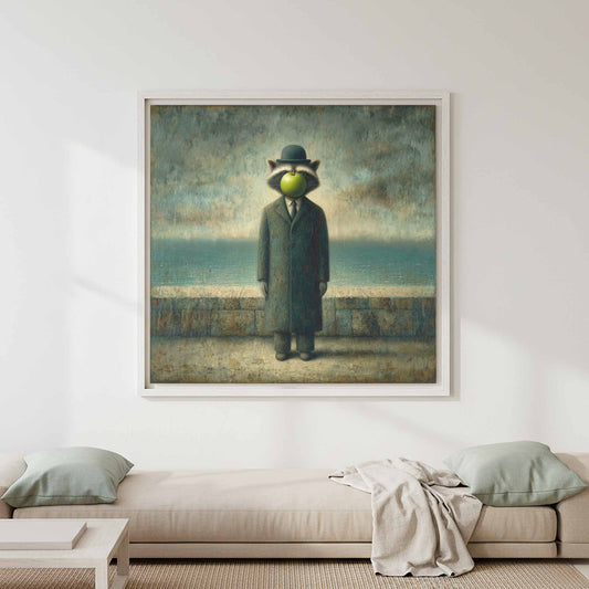 Surreal Raccoon Canvas Art – canvas print shown framed in a styled room