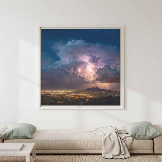 Desert Lightning Storm Canvas Print – canvas print shown framed in a styled room