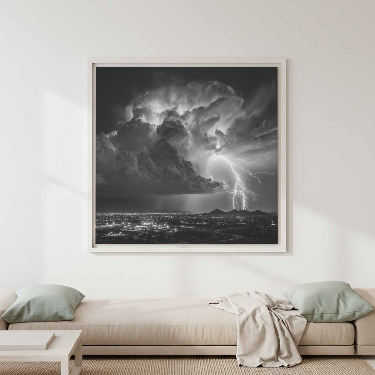 Desert Lightning Storm Canvas Print – canvas print shown framed in a styled room
