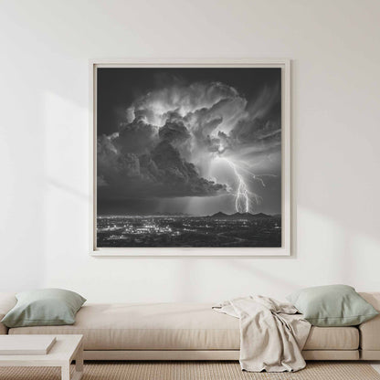 Desert Lightning Storm Canvas Print – canvas print shown framed in a styled room