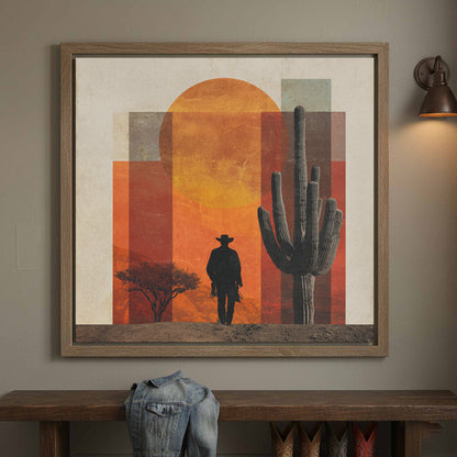 Western Desert Cowboy Canvas Wall Art – canvas print shown framed in a styled room