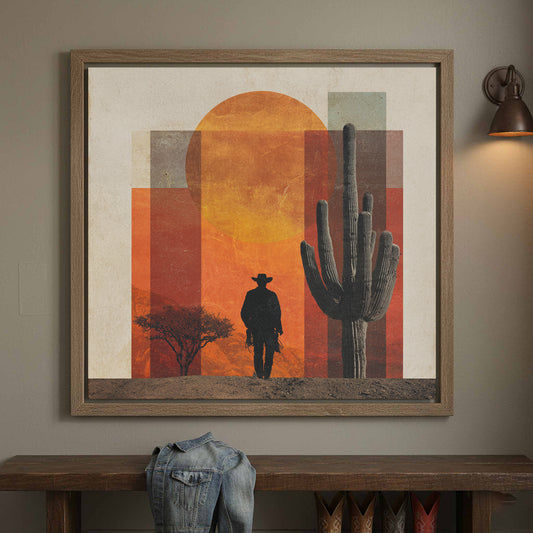 Western Desert Cowboy Canvas Wall Art – canvas print shown framed in a styled room