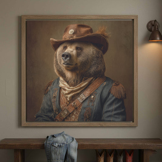 Steampunk Bear Cowboy Portrait Canvas – canvas print shown framed in a styled room