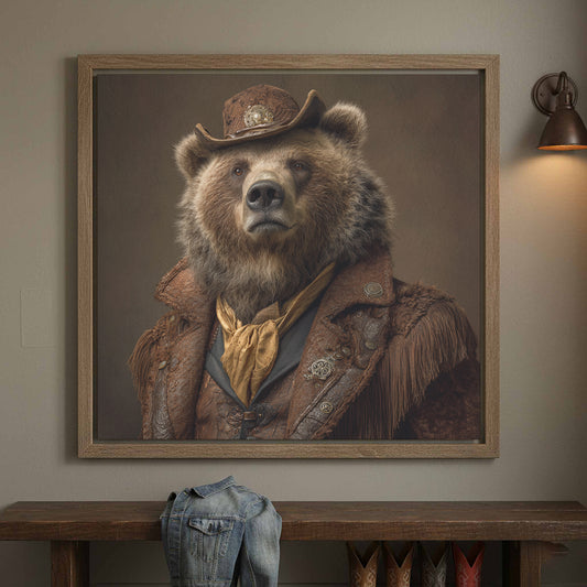 Steampunk Bear Cowboy Canvas Wall Art – canvas print shown framed in a styled room